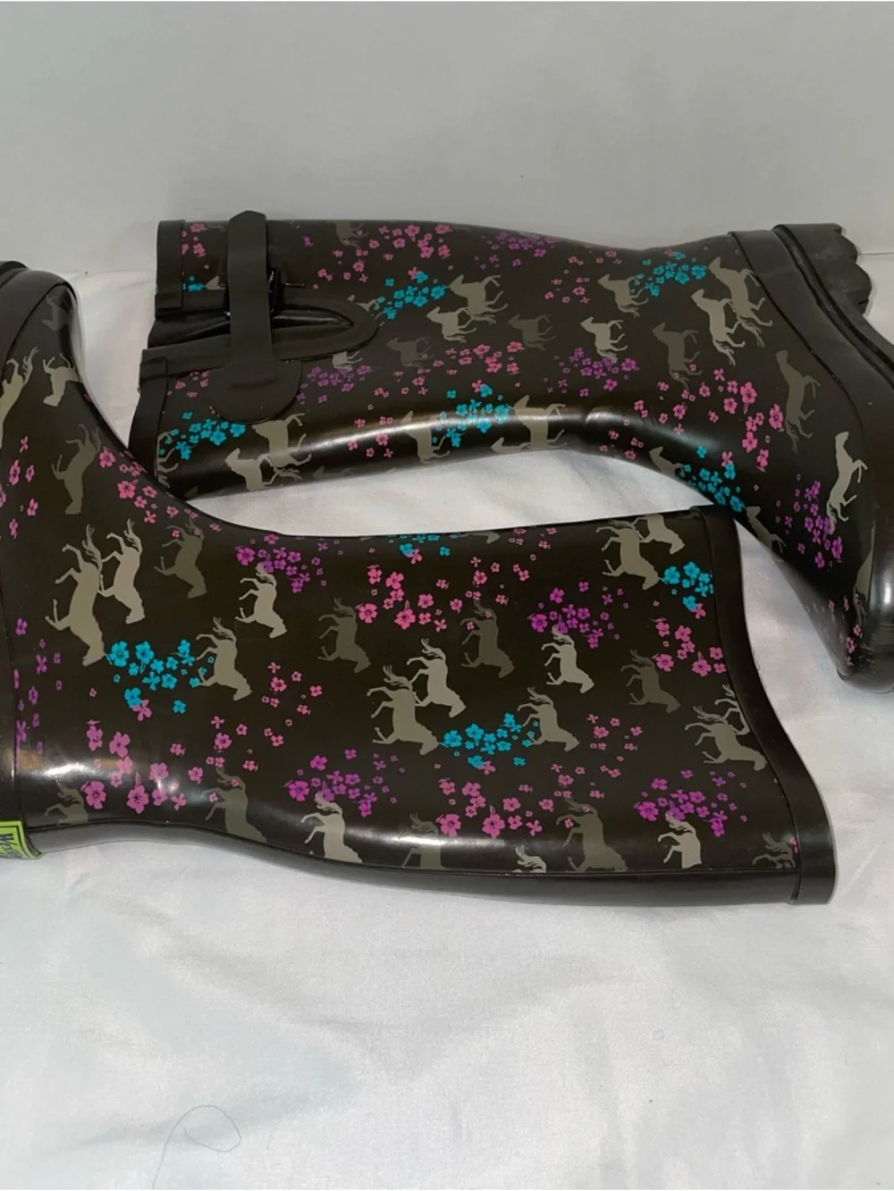 Western Chief Black Floral Horse Rain Boots with Pink & Blue‎ Accents